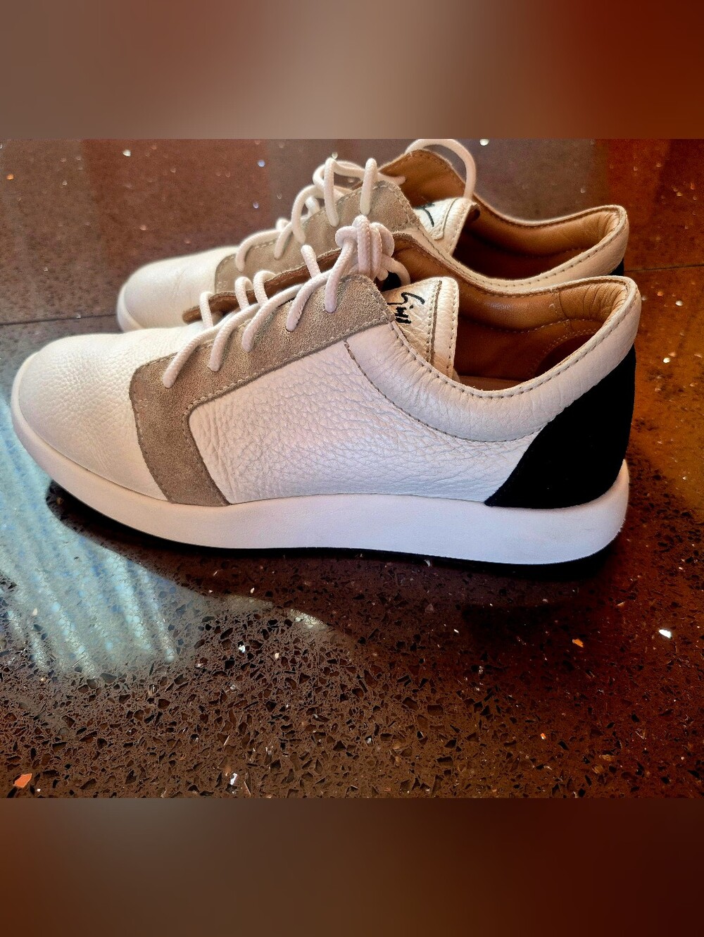 Giuseppe Zanotti White Leather Low-Top Sneakers with Gray Suede and Black Heel